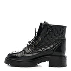 Chanel Shiny Lambskin Quilted Lace Up Combat Boots 38.5 Black
