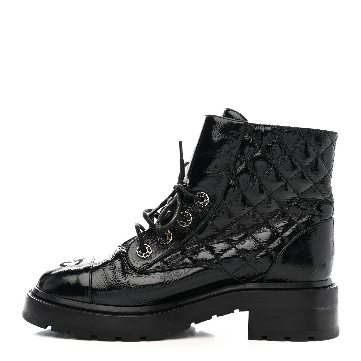 Chanel Shiny Lambskin Quilted Lace Up Combat Boots 38.5 Black