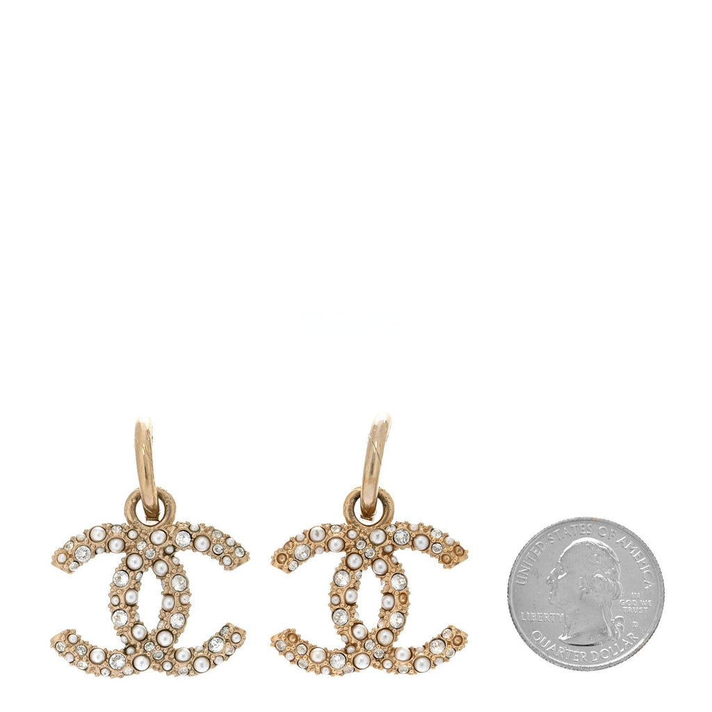 Chanel Crystal Pearls CC Drop Earrings Light Gold