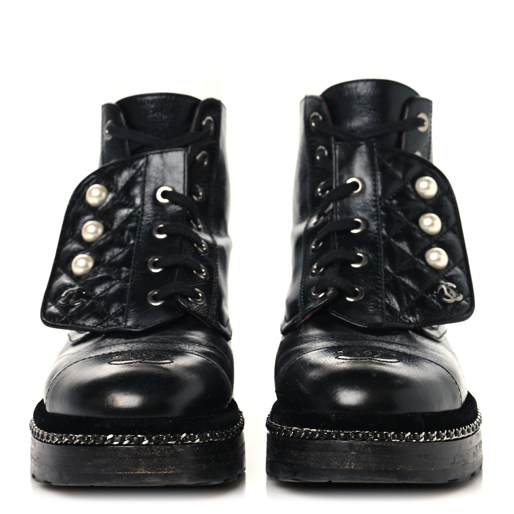 Chanel Crackled Calfskin Velvet Pearl Combat Short Boots 37.5 Black