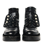 Chanel Crackled Calfskin Velvet Pearl Combat Short Boots 37.5 Black