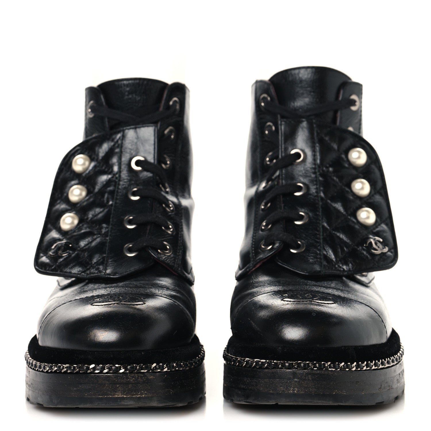 Chanel Crackled Calfskin Velvet Pearl Combat Short Boots 37.5 Black