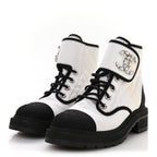 Chanel Fabric Grosgrain Quilted Cap Toe Lace Up Combat Boots 38.5 White Black