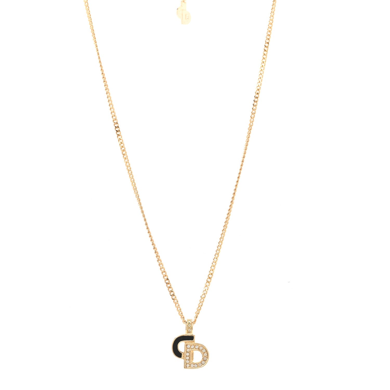 Christian Dior Metal Crystal Enamel CD Necklace Gold Black