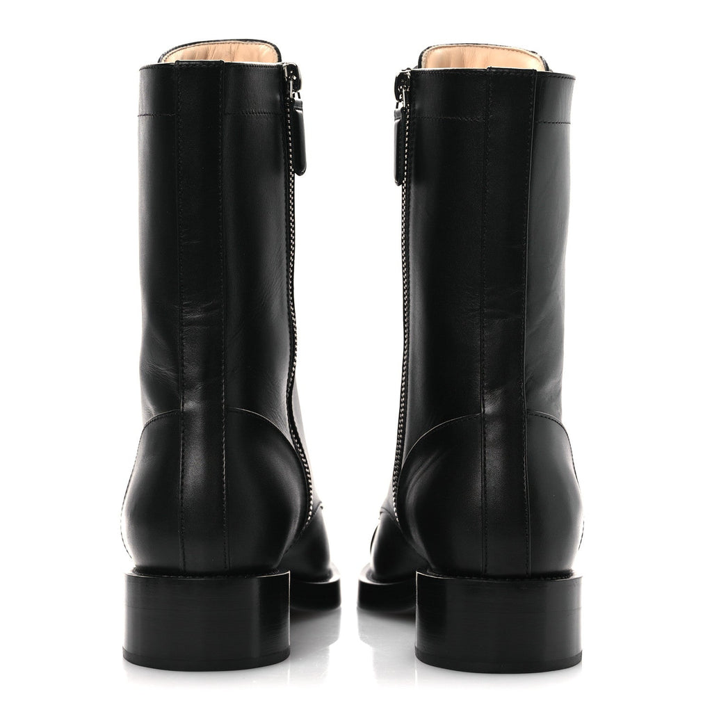 Chanel Calfskin Cap Toe Lace Up Combat Boots 37.5 Black