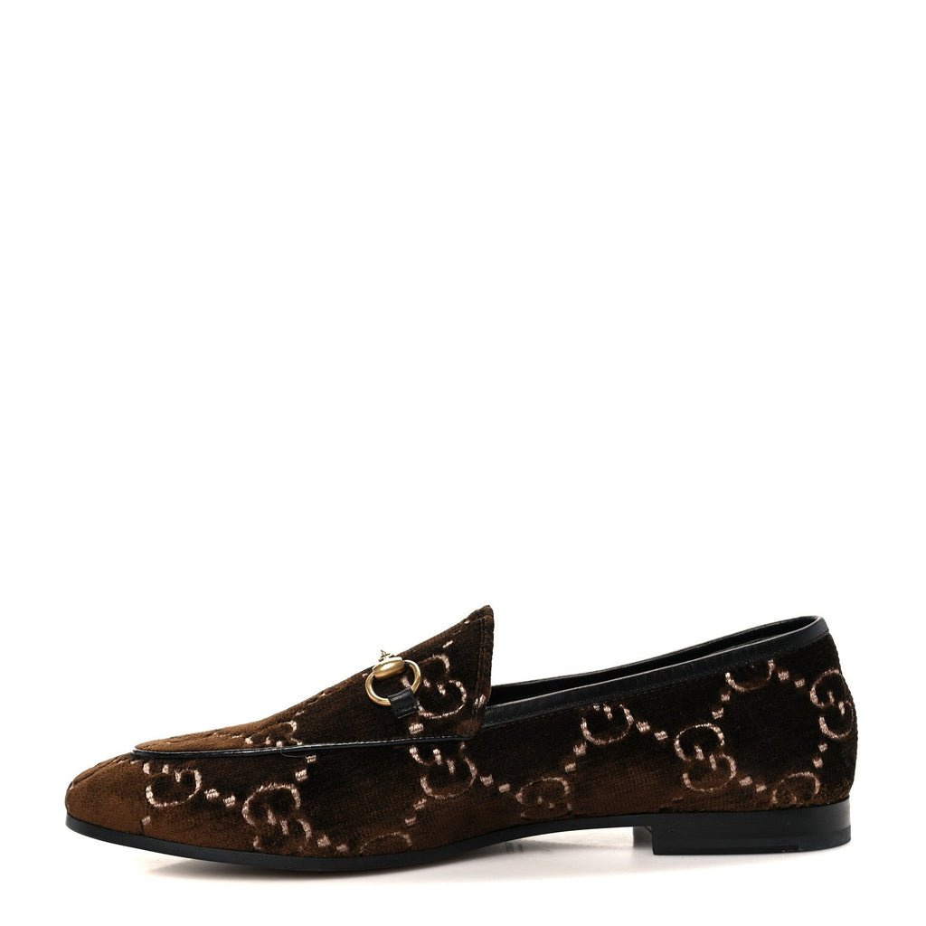 Gucci Velvet GG Monogram Horsebit Womens Jordaan Loafers 40 Brown Black