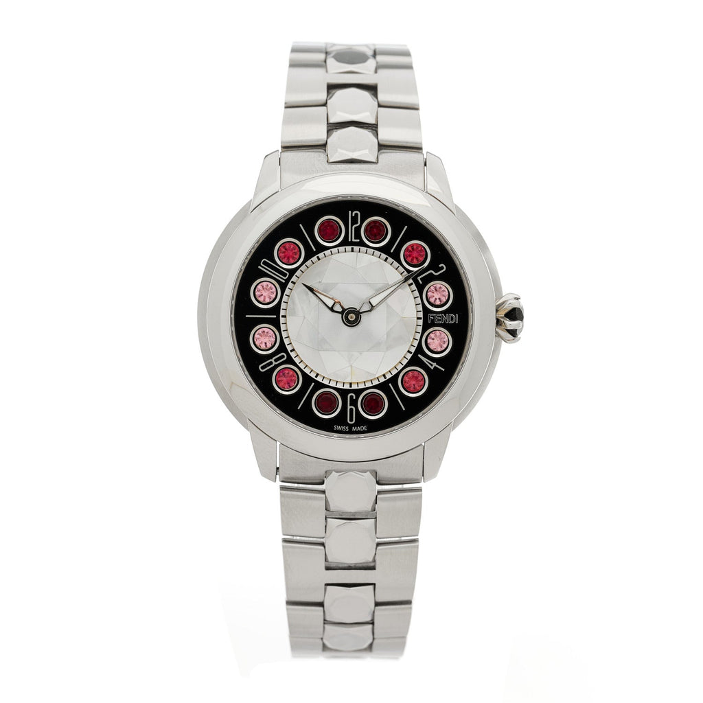 Fendi Stainless Steel Mother of Pearl Topaz Spinel 38mm Ishine Rotating Gem Two Tone Quartz Watch Black