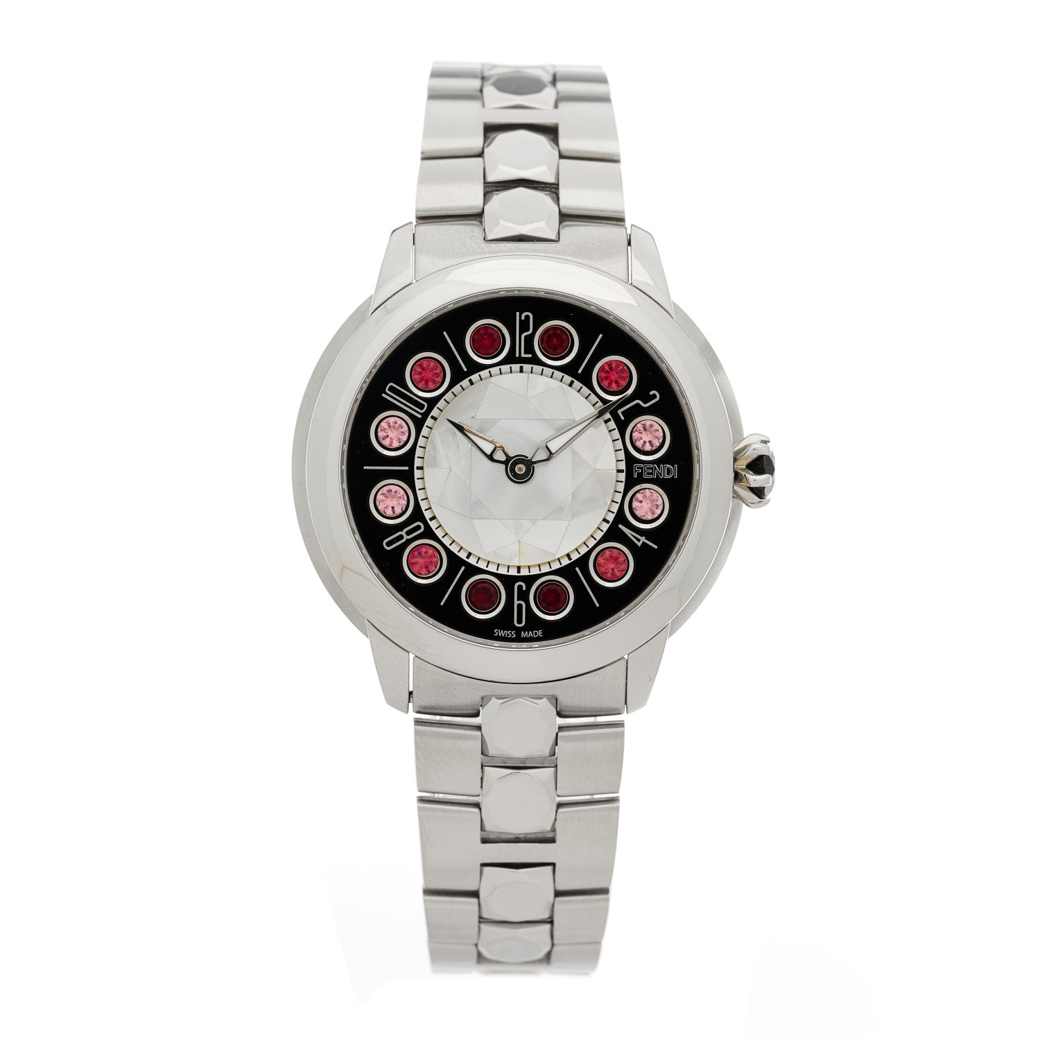 Fendi Stainless Steel Mother of Pearl Topaz Spinel 38mm Ishine Rotating Gem Two Tone Quartz Watch Black