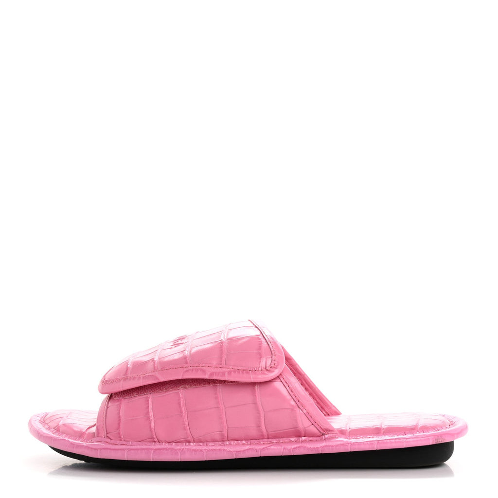 Balenciaga Calfskin Logo Crocodile Embossed Slides 40 Fuxia
