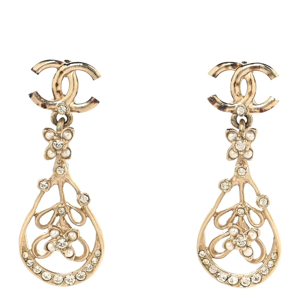 Chanel Pearl Crystal CC Drop Earrings Gold
