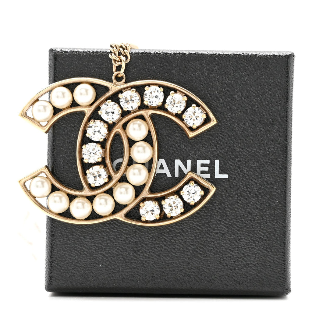 Chanel Pearl Crystal CC Pendant Necklace Gold