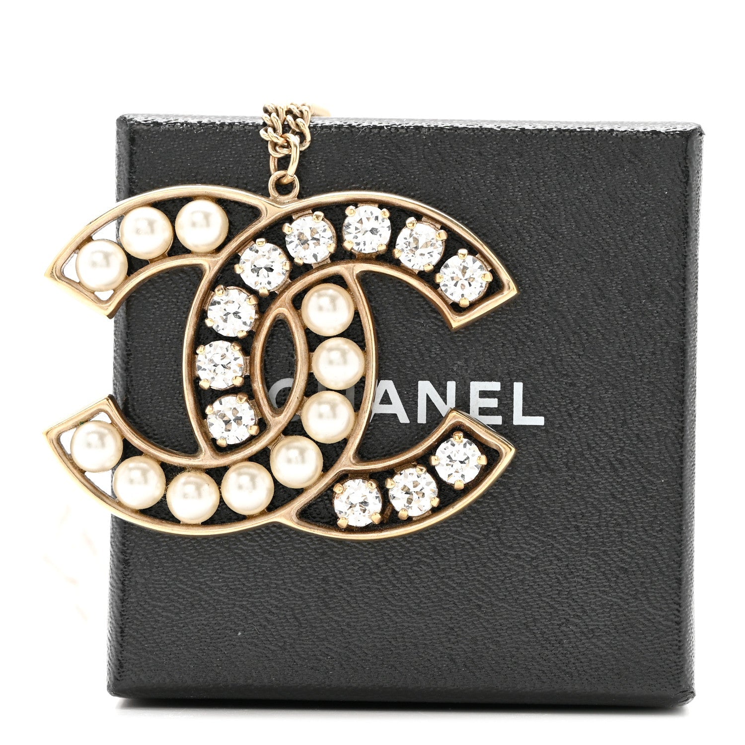 Chanel Pearl Crystal CC Pendant Necklace Gold