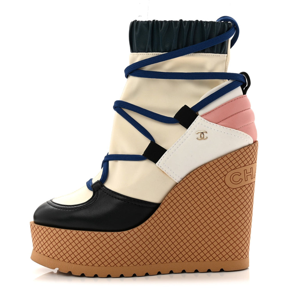 Chanel Fabric Lambskin Calfskin Runway Wedge Short Platform Boots 36 Blue White Pink