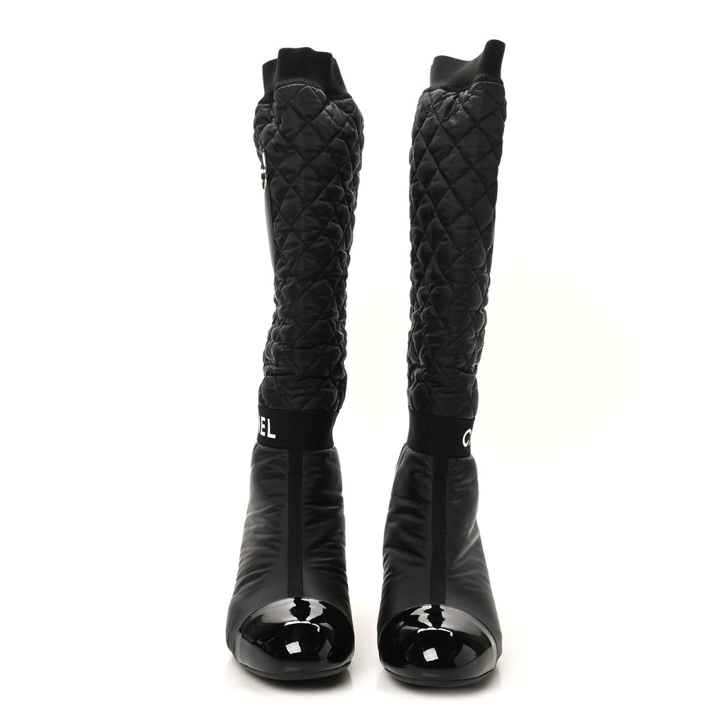 Chanel Mixed Fibers Lambskin Patent Calfskin Convertible High Boots 38.5 Black