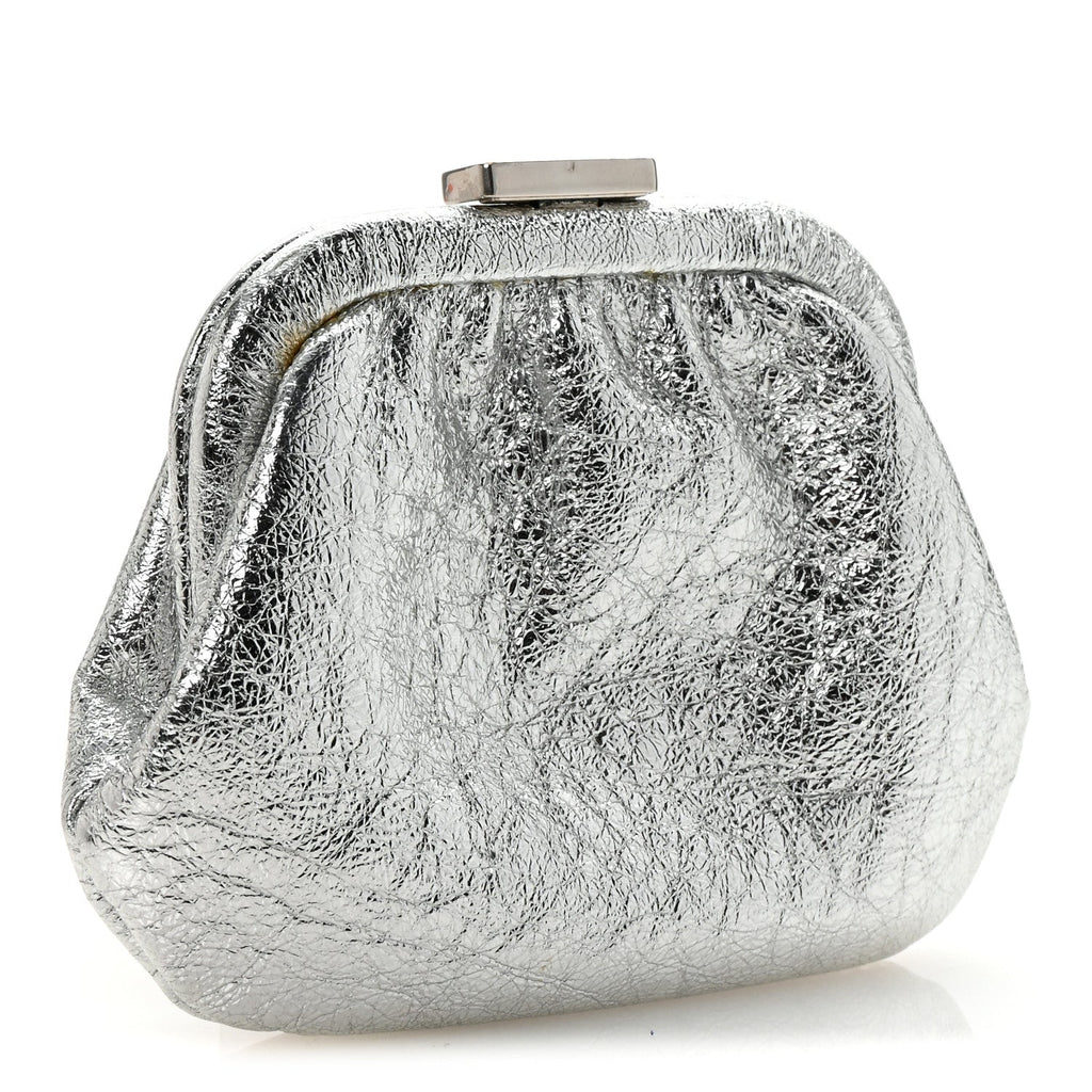 Balenciaga Metallic Textured Calfskin Logo Cloud Coin Purse With Strap Silver