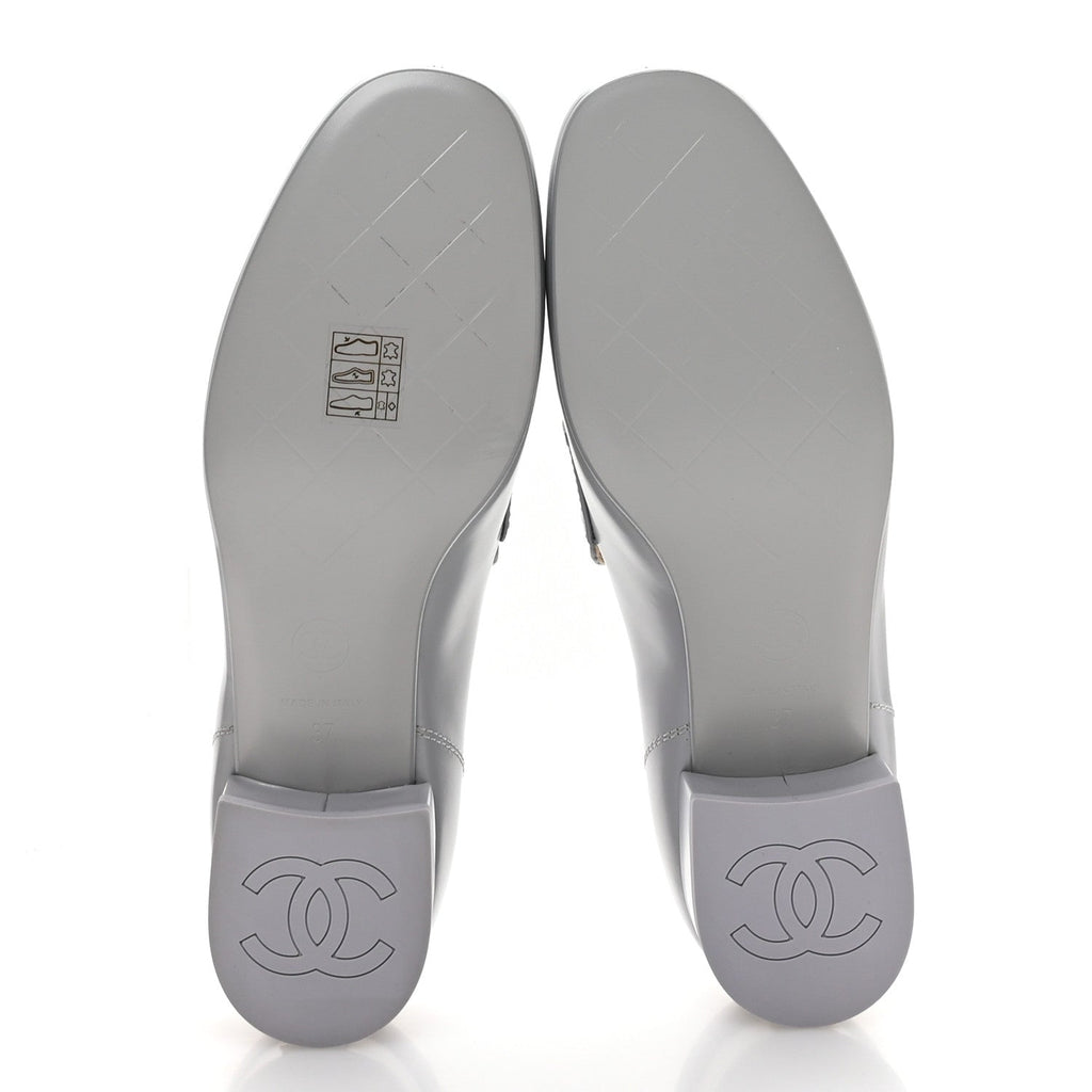 Chanel Shiny Calfskin Logo Loafers 37 Light Grey