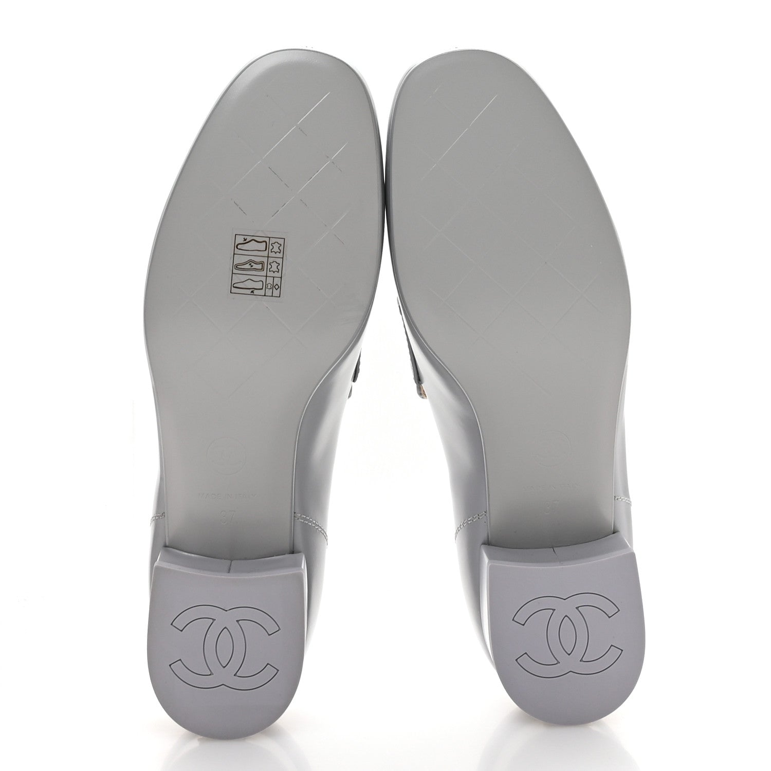 Chanel Shiny Calfskin Logo Loafers 37 Light Grey