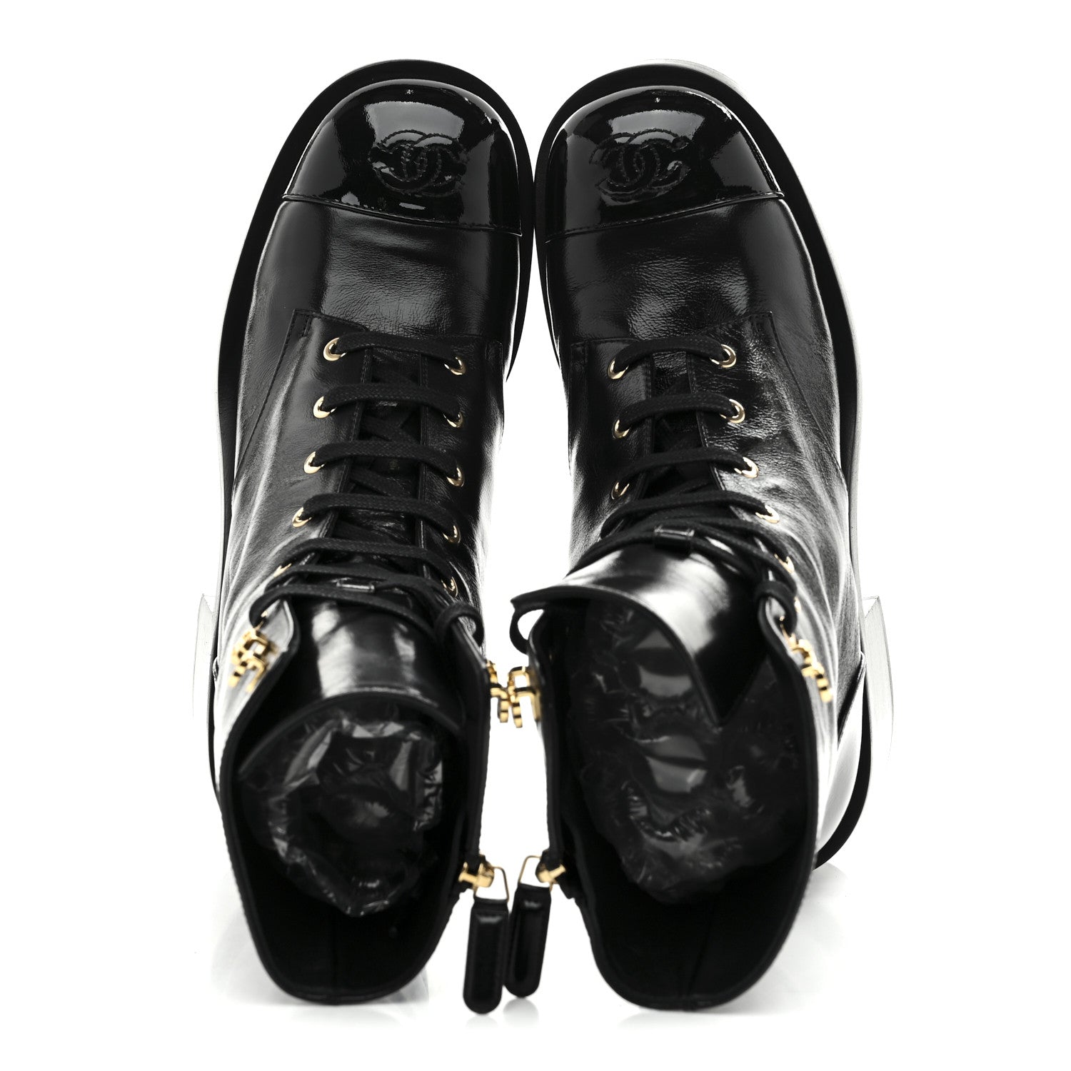 Chanel Shiny Calfskin Patent Cap Toe Lace Up Combat Boots 39 Black