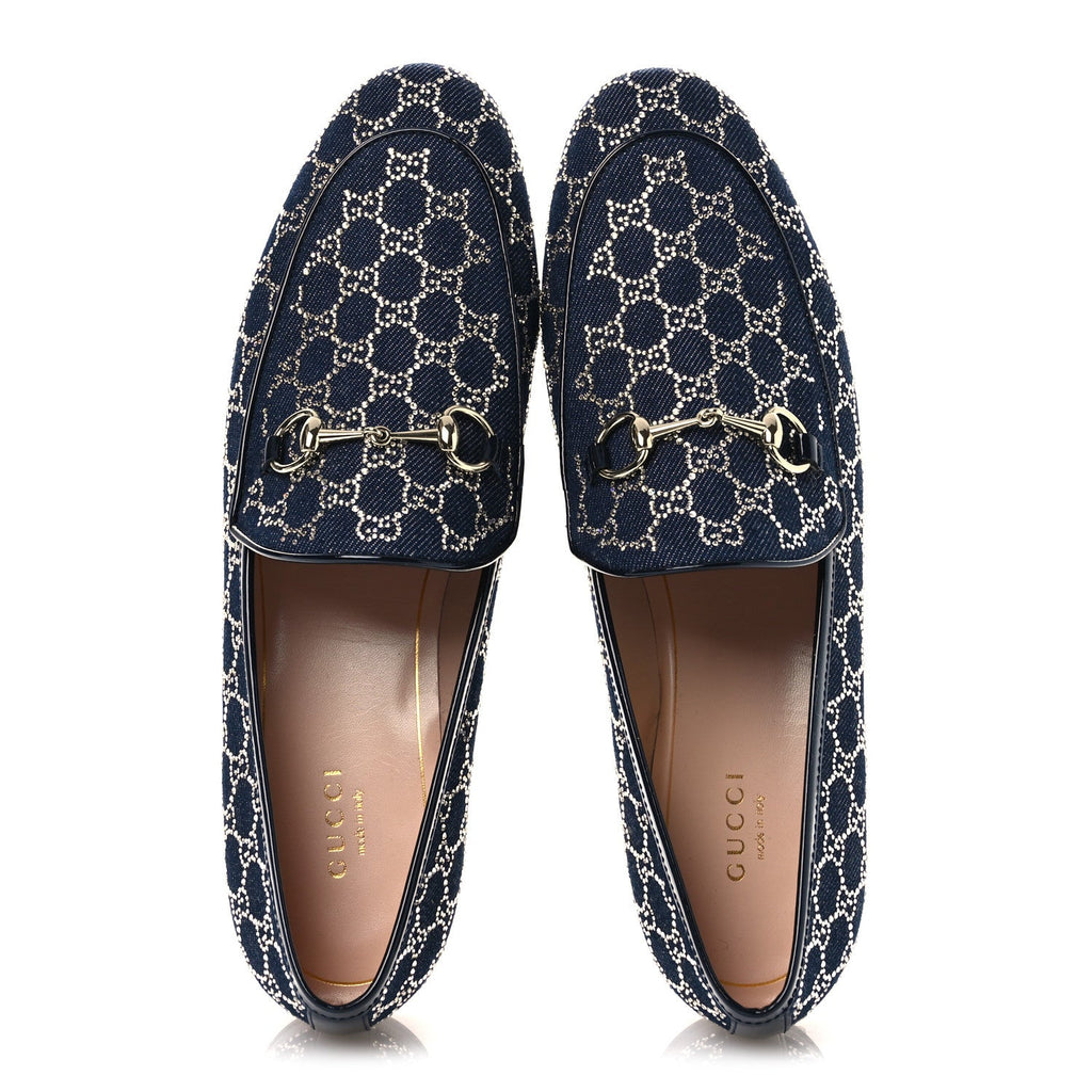 Gucci Denim Crystal GG Monogram Horsebit Womens Jordaan Loafers 39.5 Deep Blue Blue Milad