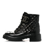 Chanel Shiny Calfskin Quilted Lace Up Combat Boots 37 Black