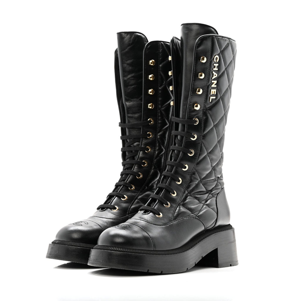 Chanel Calfskin Quilted Logo Lace Up Tall Combat Boots 37.5 Black