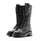 Chanel Calfskin Quilted Logo Lace Up Tall Combat Boots 37.5 Black