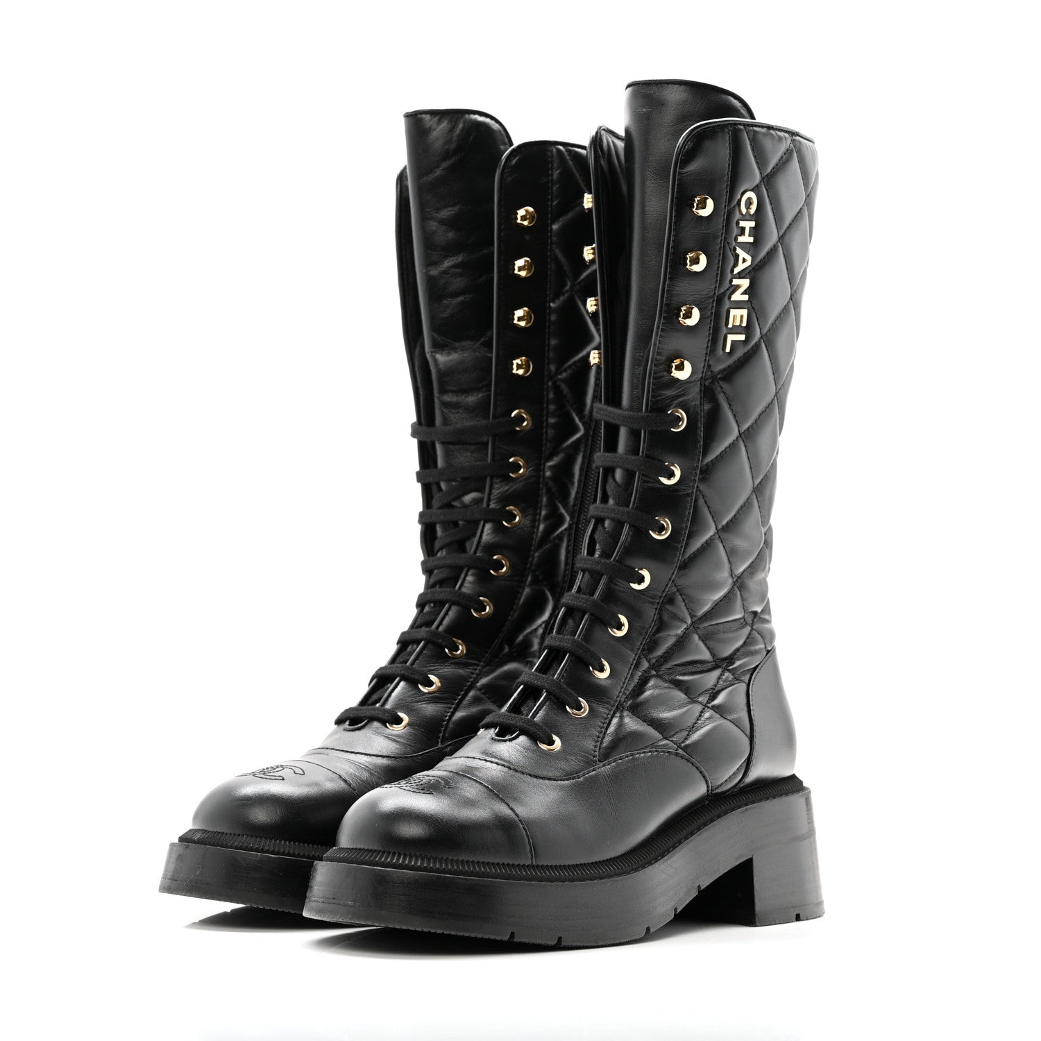 Chanel Calfskin Quilted Logo Lace Up Tall Combat Boots 37.5 Black