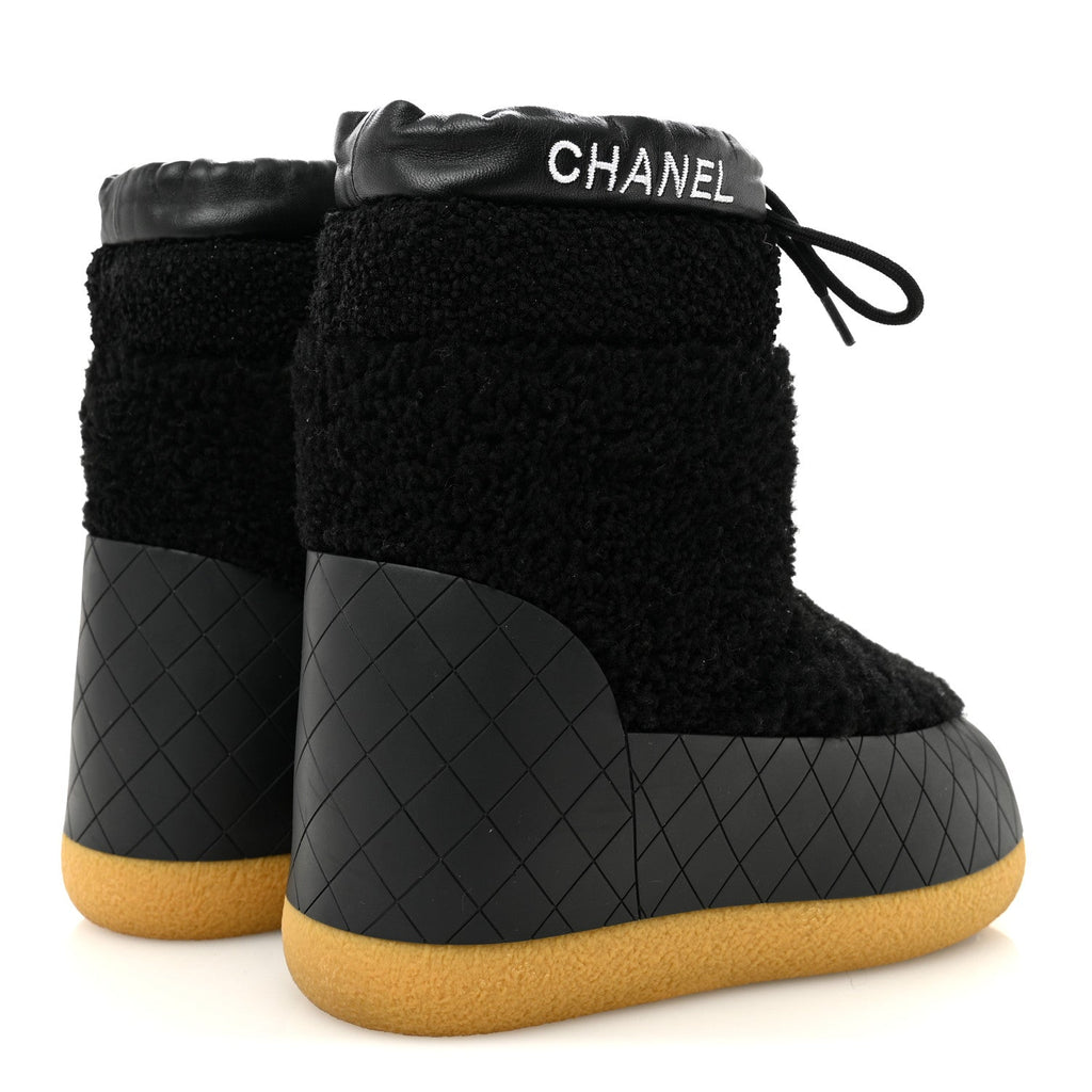 Chanel Tweed Shearling Sheepskin Drawstring Snow Ankle Boots 36 Black