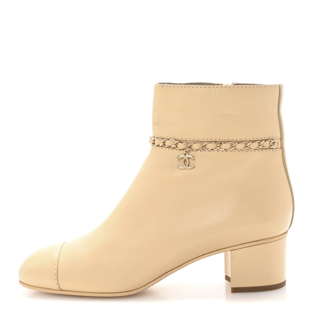 Chanel Calfskin Cap Toe Chain Short Boots 41 Beige