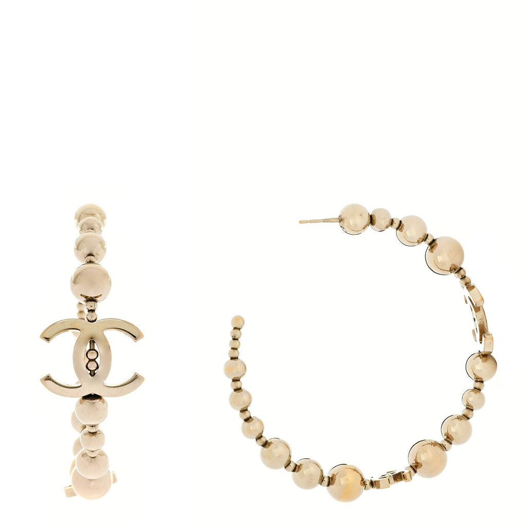 Chanel Metal Bead CC Hoop Earrings Gold