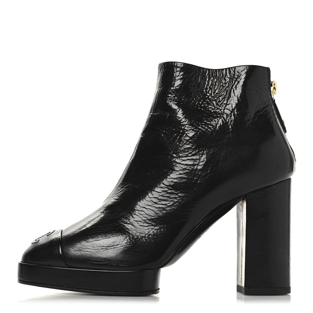 Chanel Crumpled Calfskin Cap Toe CC Ankle Boots 35.5 Black