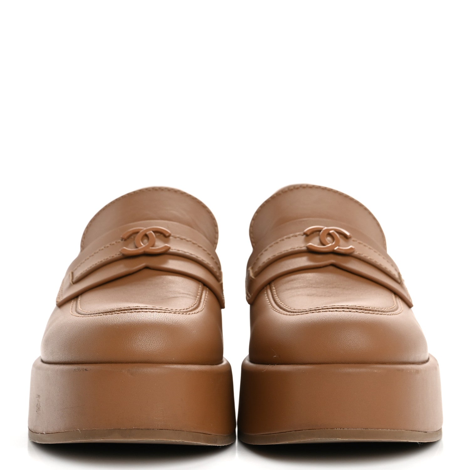 Chanel Calfskin CC Platform Loafers 38 Beige