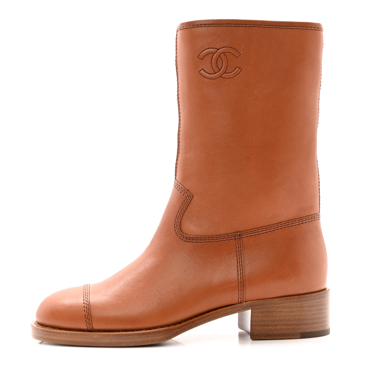 Chanel Calfskin CC Logo Mid Calf Boots 37 Caramel