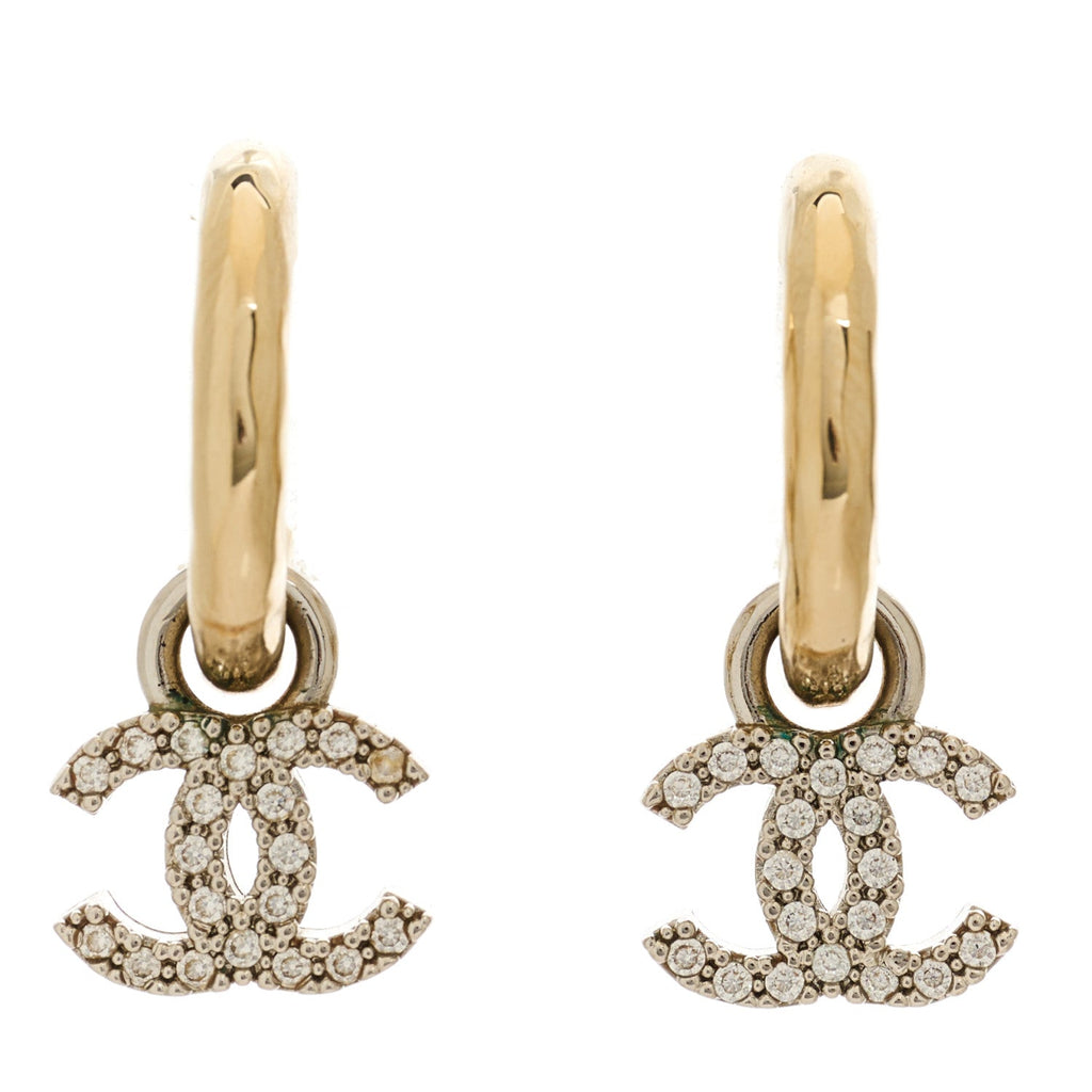 Chanel Metal Crystal Studded CC Hoop Drop Earrings Gold