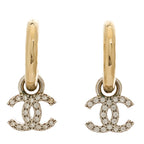 Chanel Metal Crystal Studded CC Hoop Drop Earrings Gold