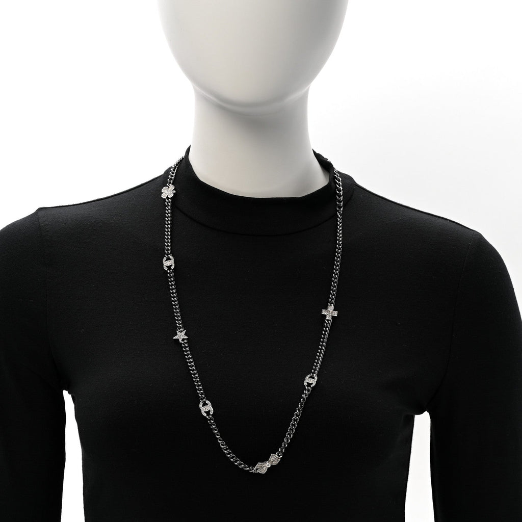 Chanel Ruthenium Crystal Chain CC Lucky Charms Necklace