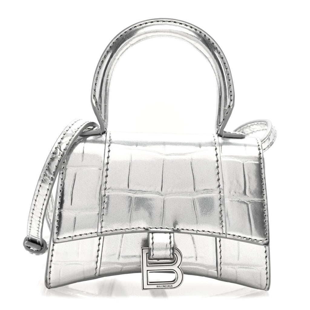Balenciaga Metallic Calfskin Crocodile Embossed Hourglass Top Handle Bag Mini Silver