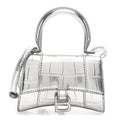 Balenciaga Metallic Calfskin Crocodile Embossed Hourglass Top Handle Bag Mini Silver