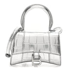 Balenciaga Metallic Calfskin Crocodile Embossed Hourglass Top Handle Bag Mini Silver