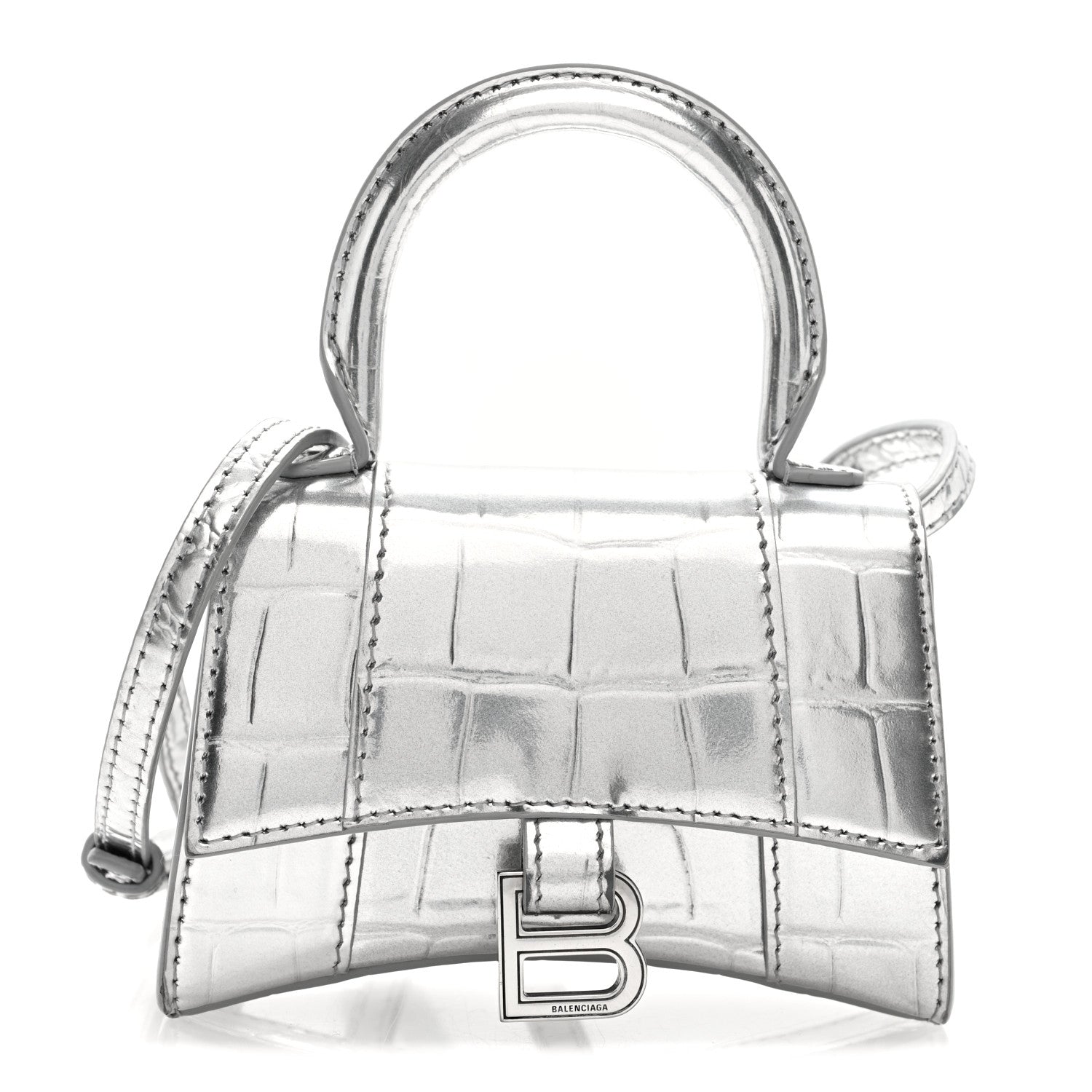 Balenciaga Metallic Calfskin Crocodile Embossed Hourglass Top Handle Bag Mini Silver