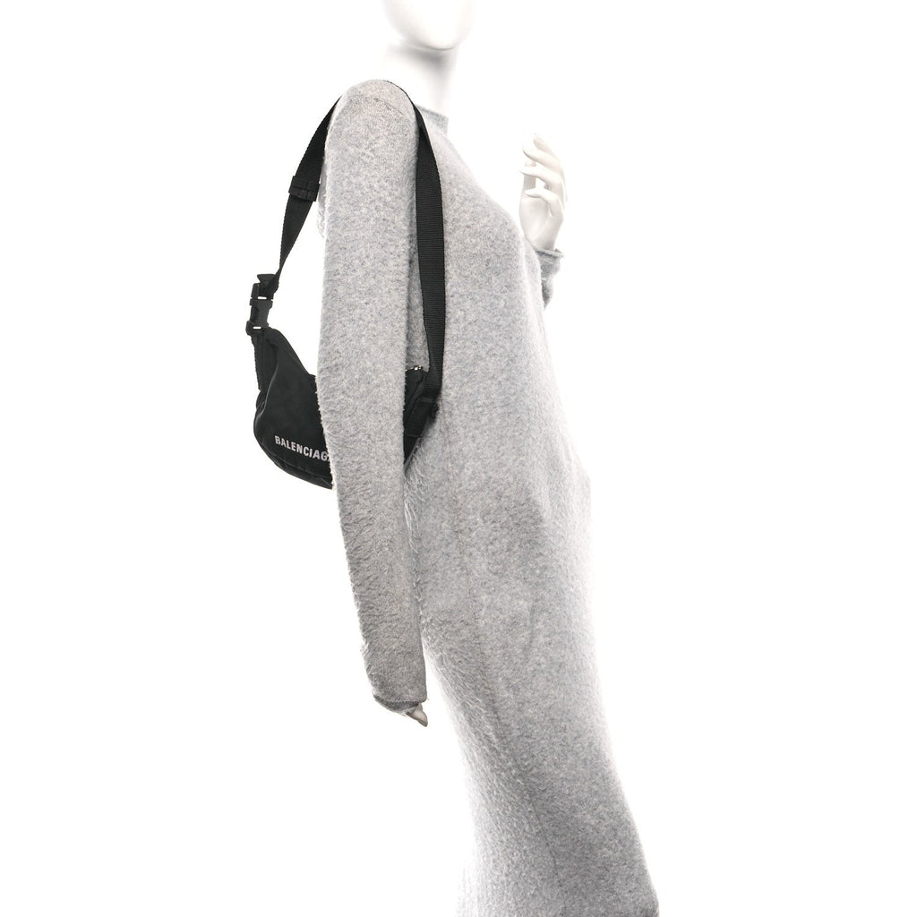 Balenciaga Recycled Sport Nylon Logo Embroidered Wheel Sling Bag Black White