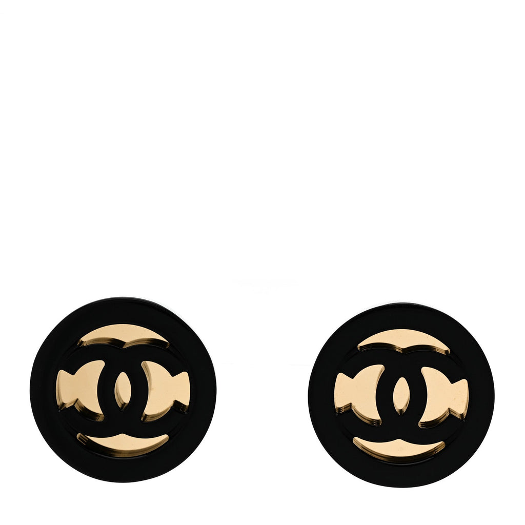 Chanel Resin CC Round Earrings Gold Black
