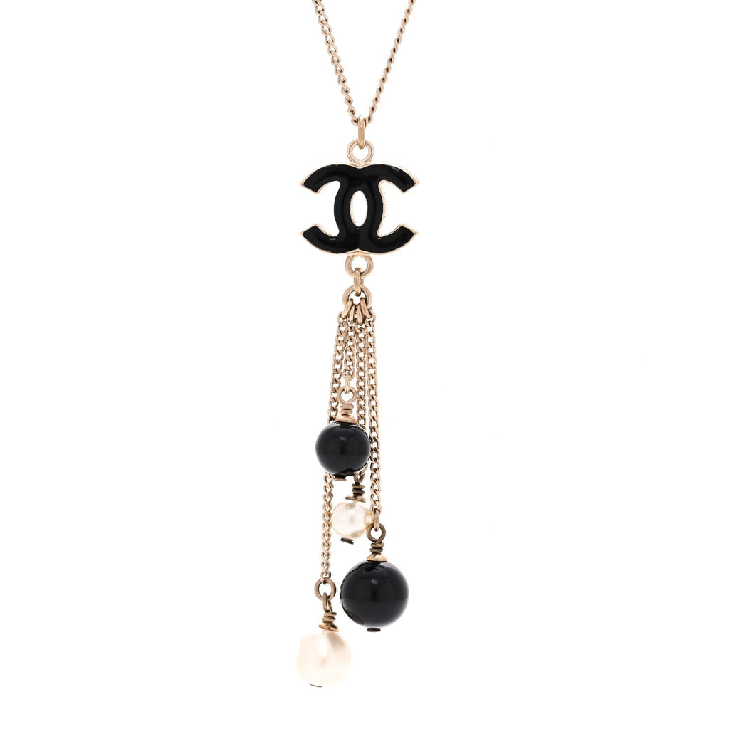 Chanel Enamel Bead Pearl CC Drop Necklace Black Gold