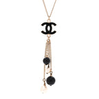 Chanel Enamel Bead Pearl CC Drop Necklace Black Gold