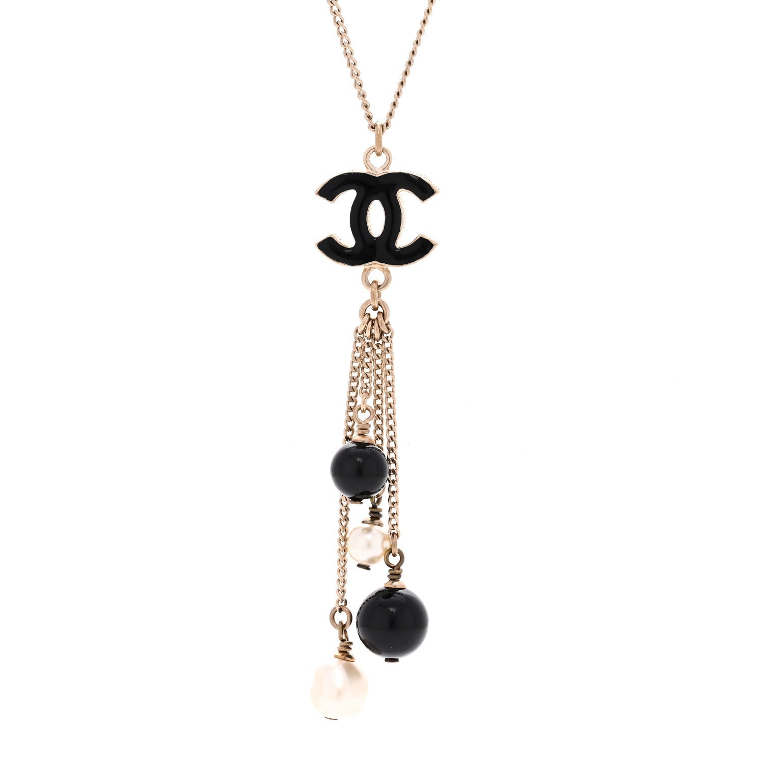 Chanel Enamel Bead Pearl CC Drop Necklace Black Gold