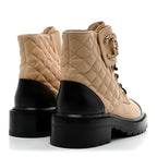 Chanel Lambskin Calfskin Quilted Lace Up Combat Boots 36.5 Beige Black
