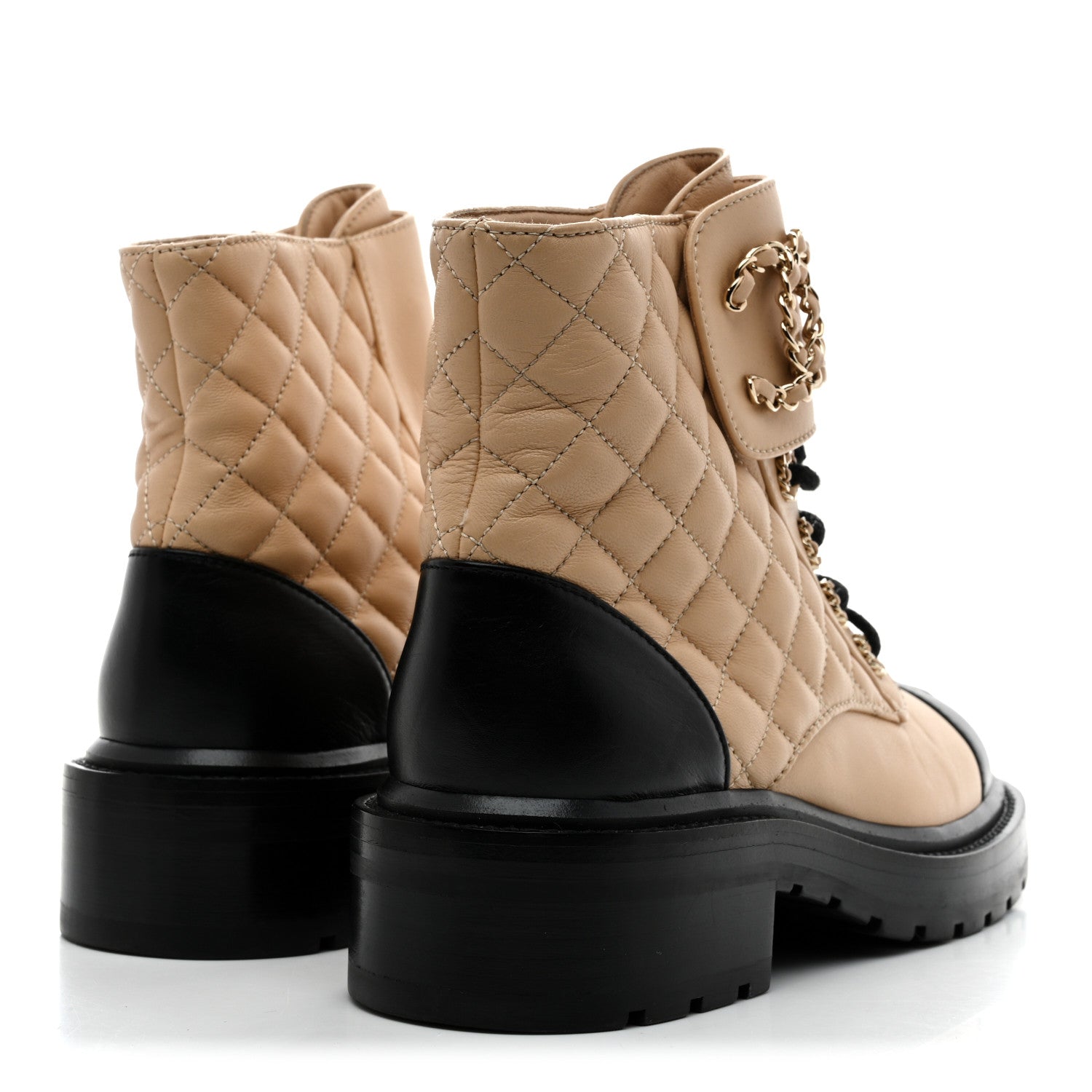 Chanel Lambskin Calfskin Quilted Lace Up Combat Boots 36.5 Beige Black