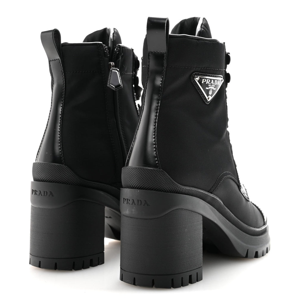 Prada Spazzolato Re-Nylon Metal Triangle Logo Lace Up 85mm Ankle Boots 39 Black