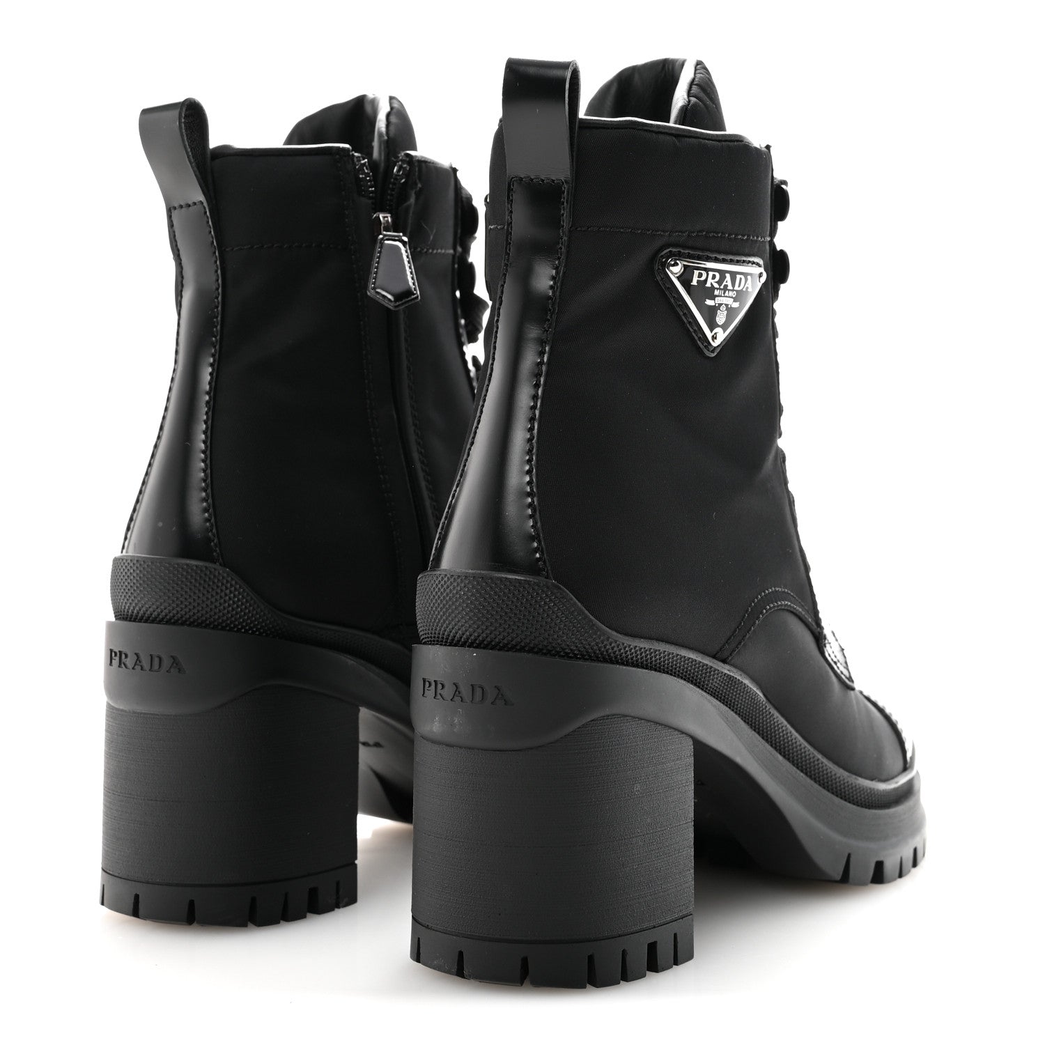 Prada Spazzolato Re-Nylon Metal Triangle Logo Lace Up 85mm Ankle Boots 39 Black
