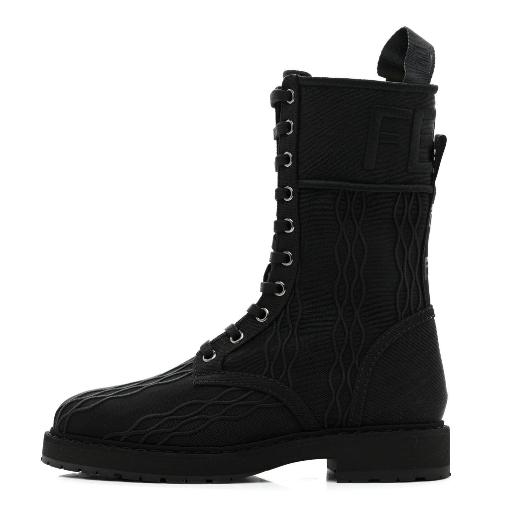 Fendi Mesh Canvas Embroidered Womens Lace Up Boots 36 Black